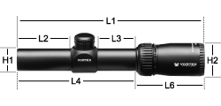 Vortex Crossfire II 1-4x24 AR Richtkijker, V-Brite Dradenkruis MOA maten